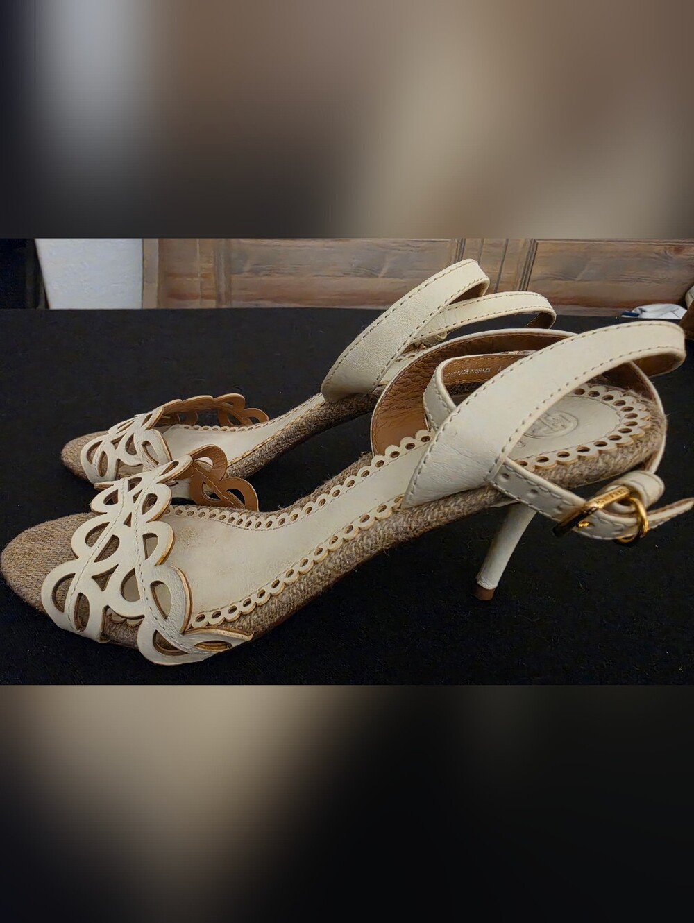 Tory Burch Cream Scalloped Cutout Ankle-Strap Sandals with Jute Footbed - Picture 2 of 6